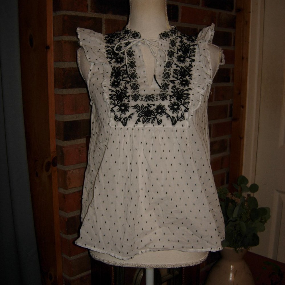 LOFT Embroidered Ruffled Baby Doll Polka Dot Top XS